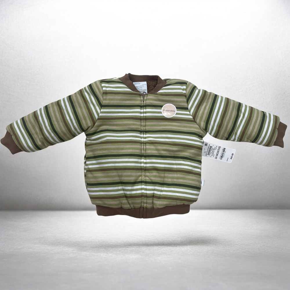 First Impressions Toddler Reversible Sherpa Jacket Green Striped Winter 24M NWTS
